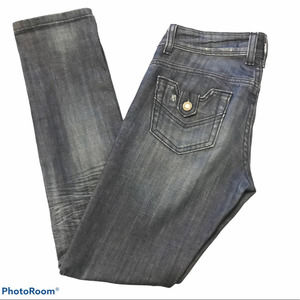VIGOSS  Jeans Blue Med Dark Wash Low Rise Back Tab pocket Distressed Staple